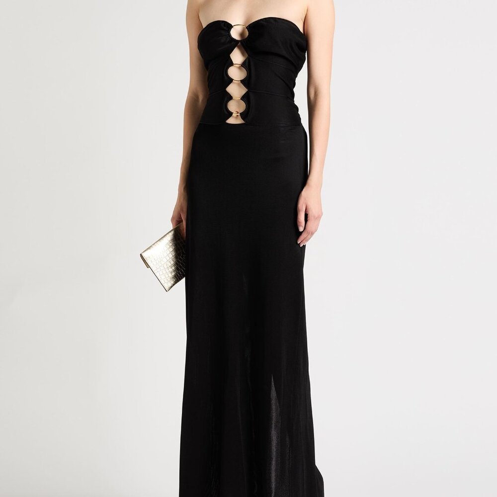 Tom Ford black strapless maxi dress, a gold ring-detailed, tie back